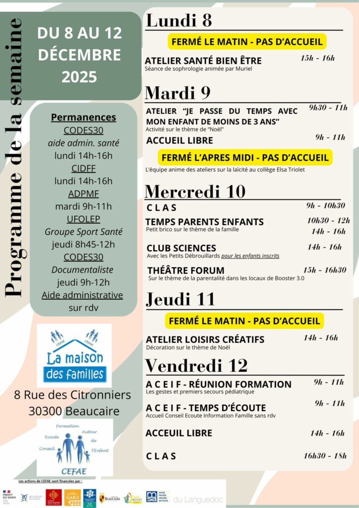 Programme de Céfaé la Maison des familles du 8 au 12 décembre ...